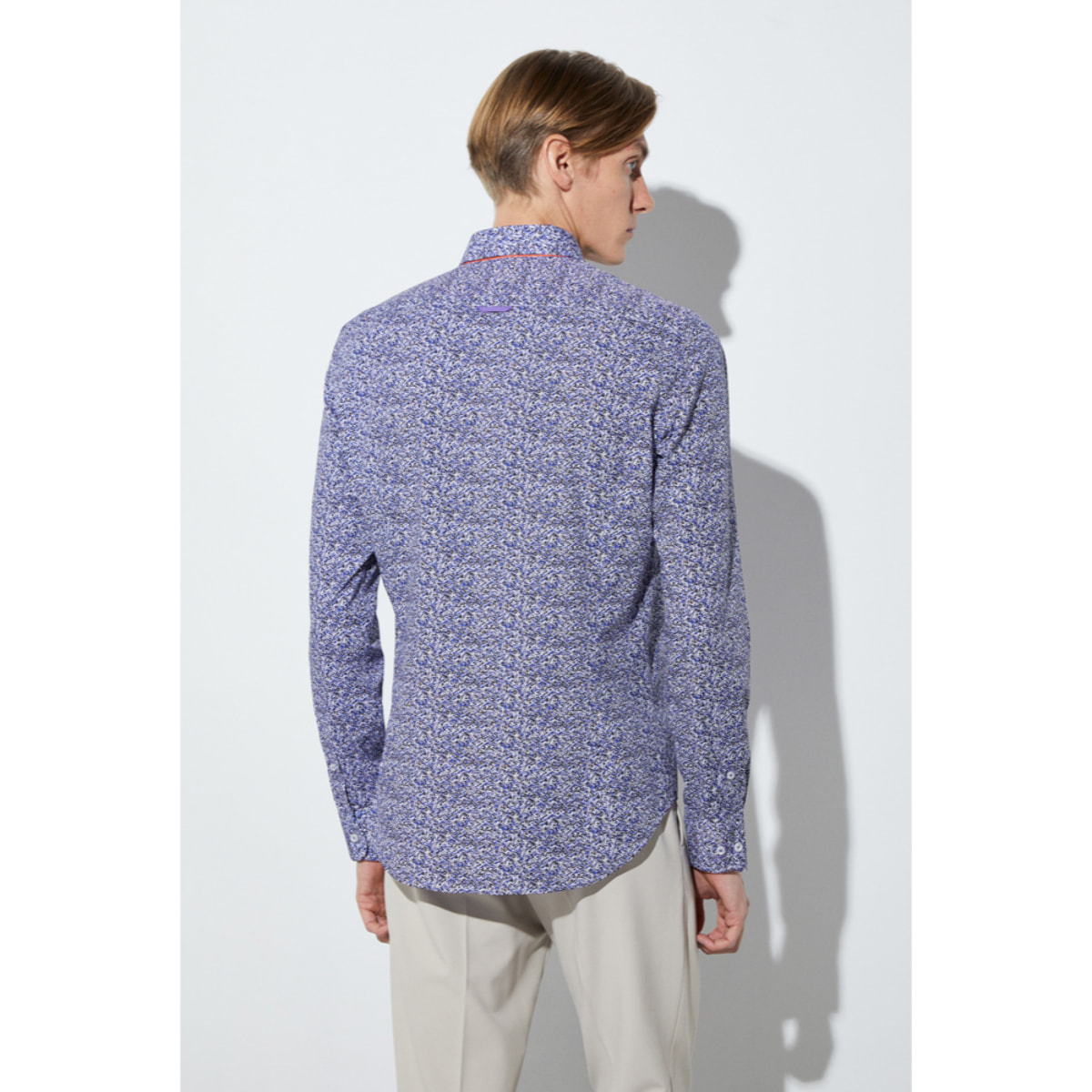 Camicia Uomo 1 Bottoni Button Down Slim Popeline Stampato Bianco/Bluette