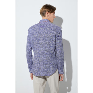 Camicia Uomo 1 Bottoni Button Down Slim Popeline Stampato Bianco/Bluette