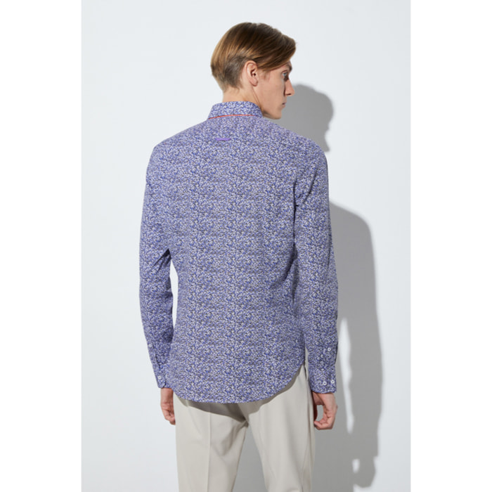 Camicia Uomo 1 Bottoni Button Down Slim Popeline Stampato Bianco/Bluette