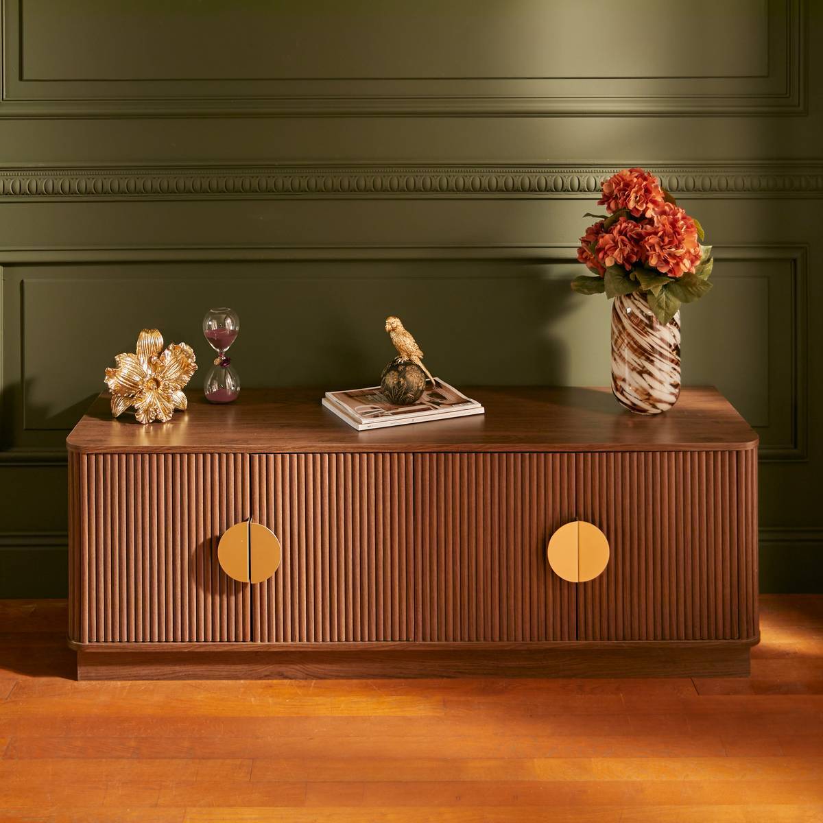 Meuble bas 4 portes 2 étagères Wany marron 140x40cm