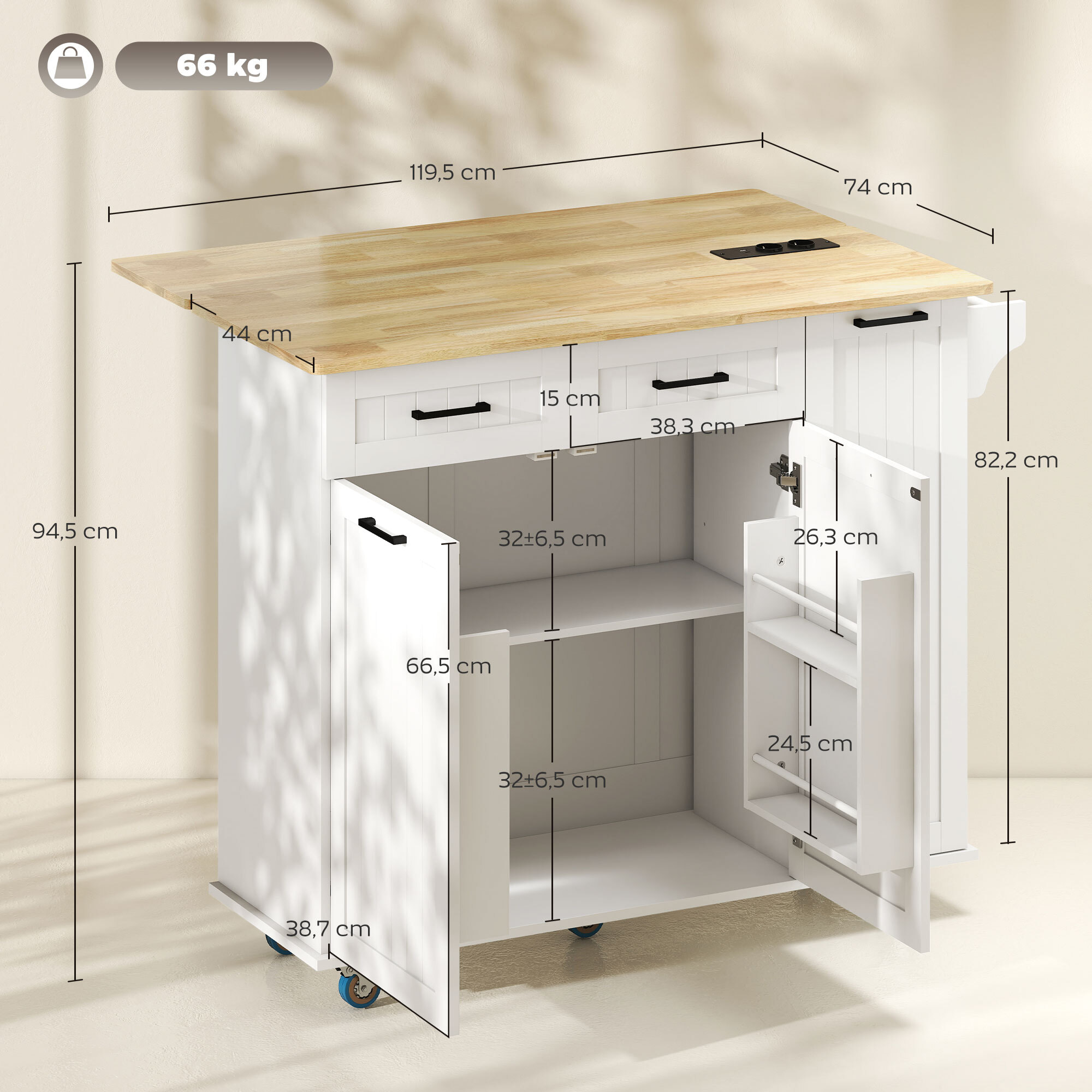 Desserte îlot central de cuisine  multi-rangement - prises secteur, ports USB - blanc effet bois clair