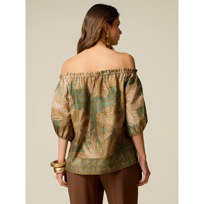 Oltre - Blusa off shoulders in mussola fantasia - Verde