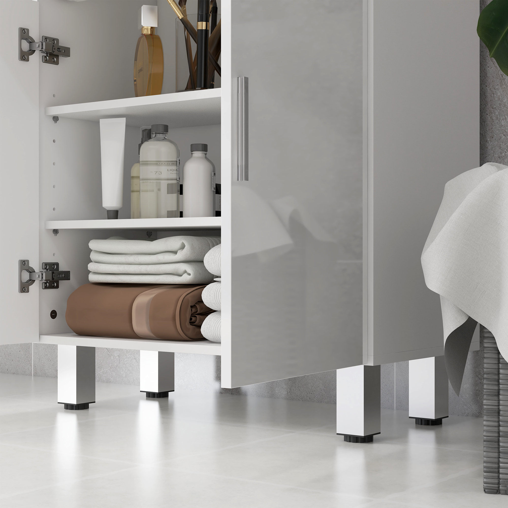Meuble bas salle de bain façade blanc laqué 2 portes 2 étagères 2 tiroirs