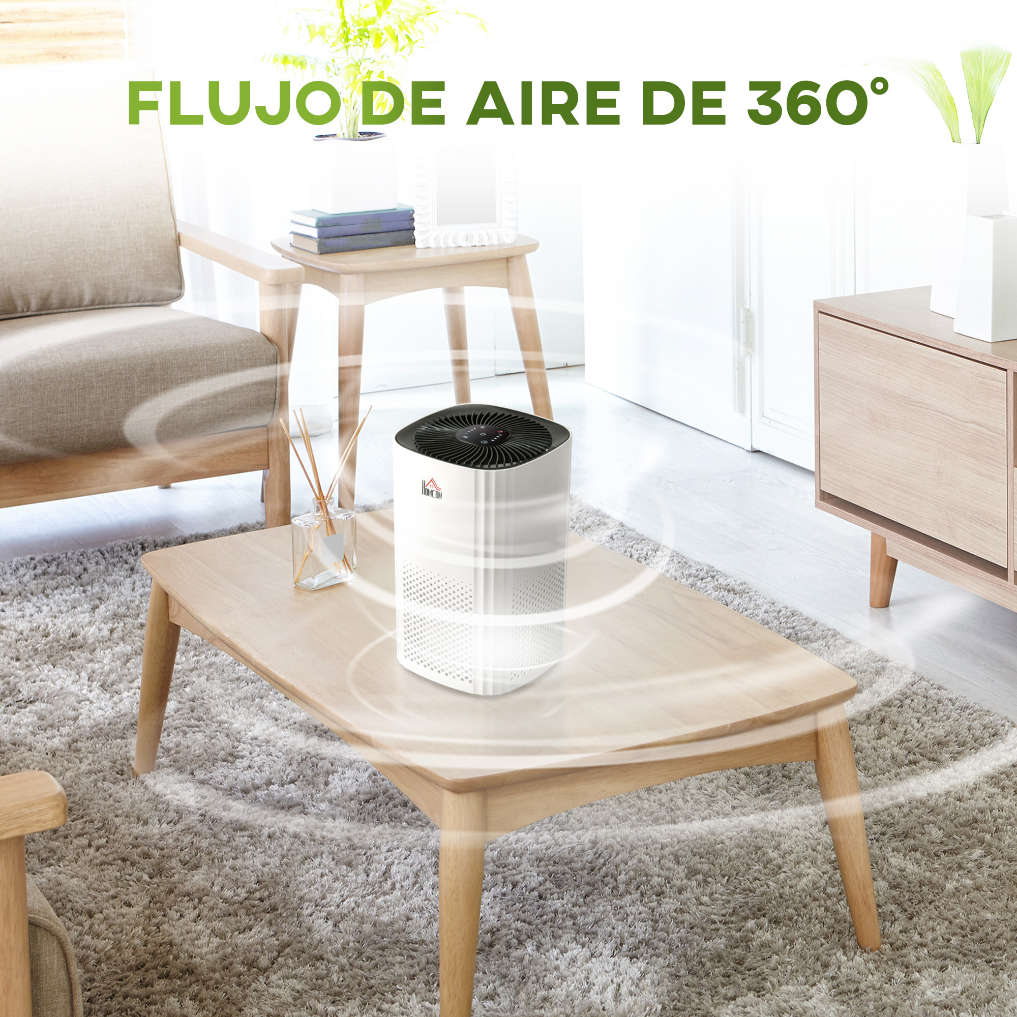 Purificador de Aire con Filtro HEPA de 3 Capas CADR 225 m³/h hasta 24 m² Purificador de Sobremesa con Pantalla LED 4 Velocidades Temporizador Modo Nocturna y Silencioso 22,7x22,7x36 cm Blanco