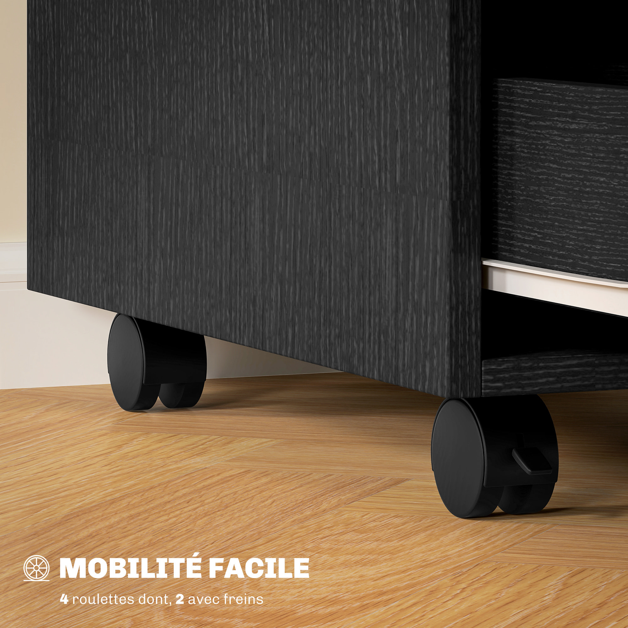 Caisson bureau mobile avec 3 tiroirs, meuble rangement bureau sur roulettes pour documents et imprimante, 40x50x57,5cm, noir