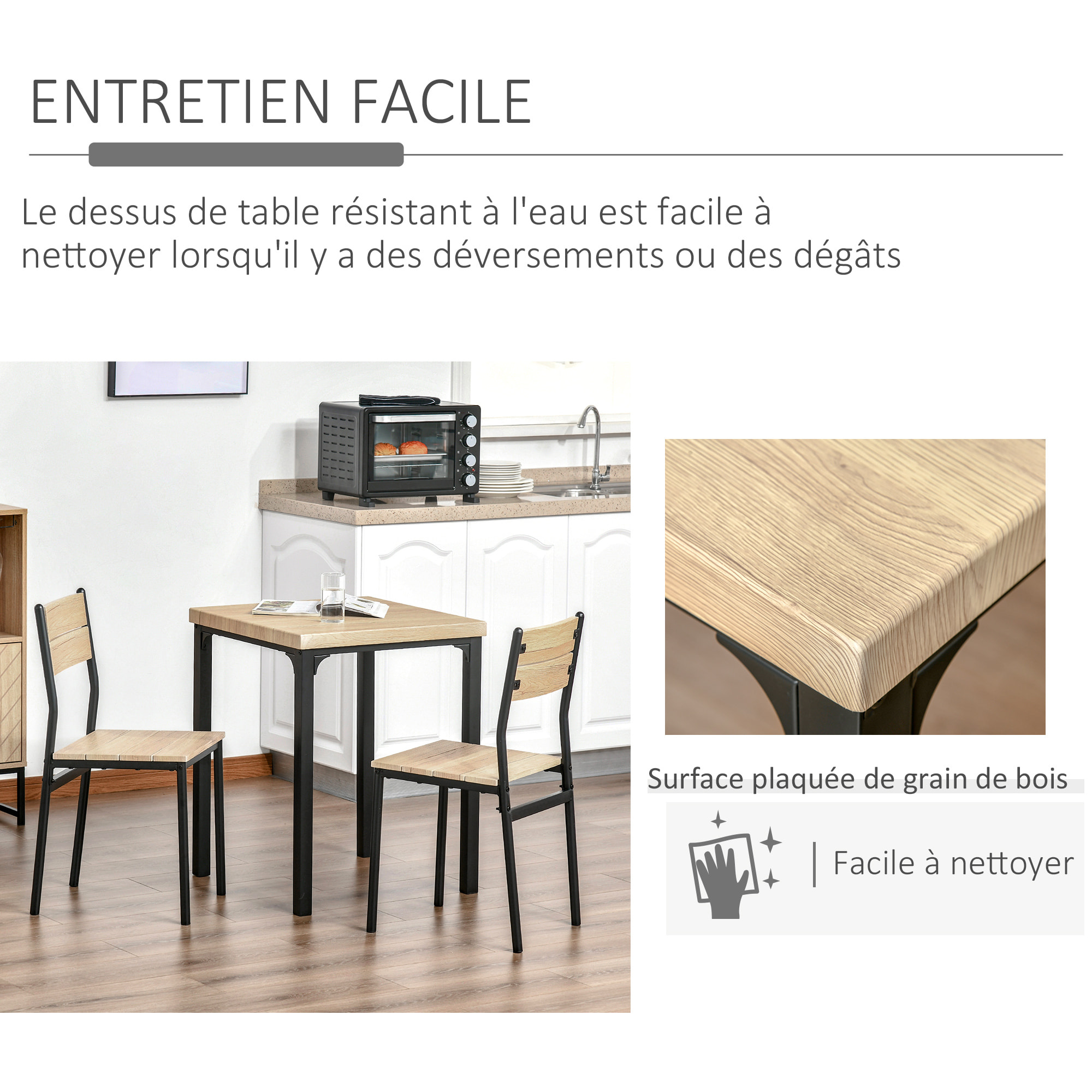 Table avec 2 chaises style industriel acier noir MDF coloris bois de chêne