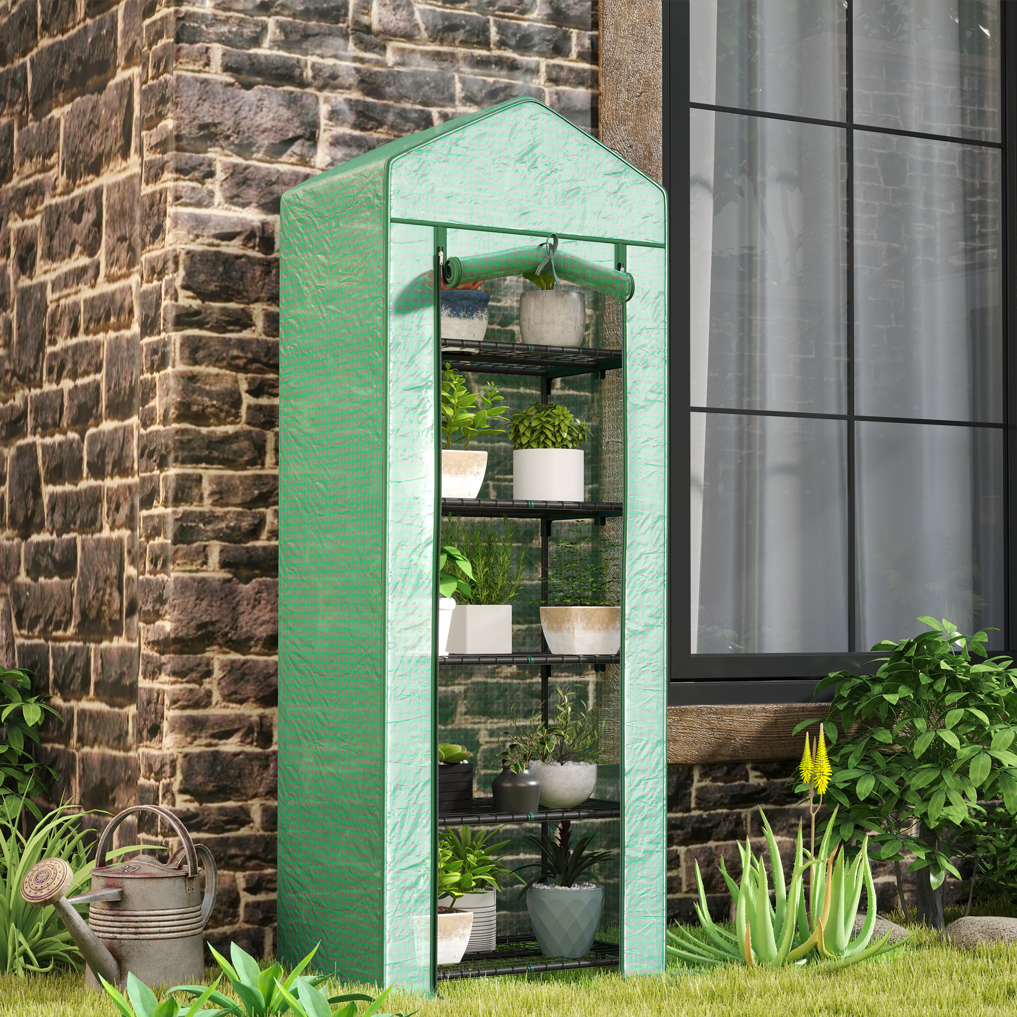 Serre de jardin balcon 5 étagères porte zippée 69 x 49 x 193 cm acier thermolaqué bâche PE vert