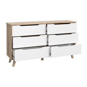 Commode 6 tiroirs effet bois chêne naturel et blanc mat - WANDA
