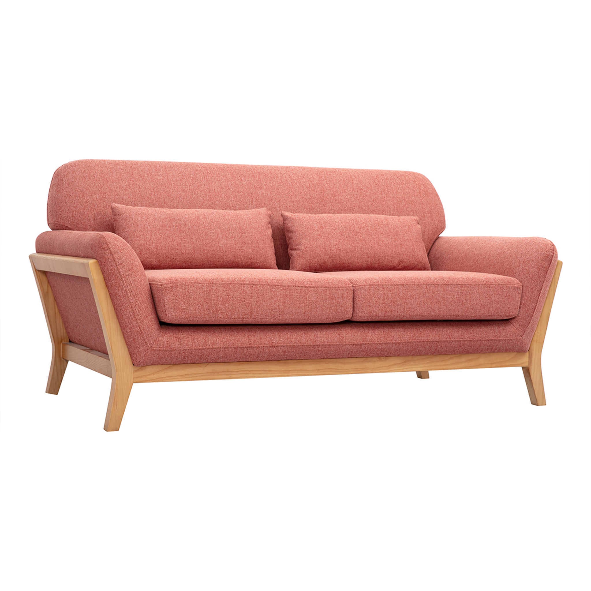 Canapé scandinave 2 places en tissu effet velours texturé terracotta et bois clair YOKO
