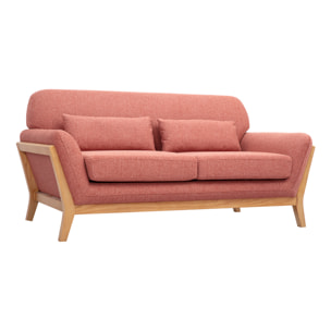 Canapé scandinave 2 places en tissu effet velours texturé terracotta et bois clair YOKO
