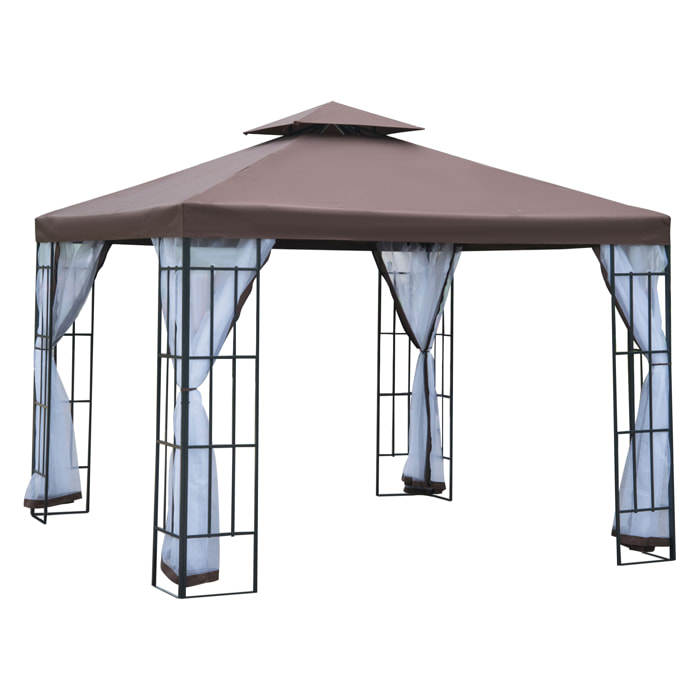 Cenador de Jardín 3x3 m con Doble Techo y 4 Mosquiteras Acero para Fiestas Café