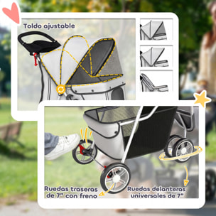 Carrito para Perros Plegable, hasta 10 kg, Cochecito para Perros Pequeños de 3 Ruedas con Capota Ajustable, Cesta, Ventanas de Malla, Portavasos, Ruedas de EVA y Frenos, para Gatos, Gris Claro