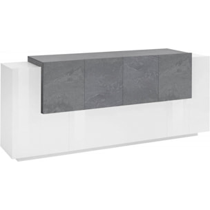 Credenza moderna a 7 ante, Made in Italy, Madia da cucina, Buffet di design da soggiorno, cm 200x45h86, colore Bianco lucido e Grigio Ardesia