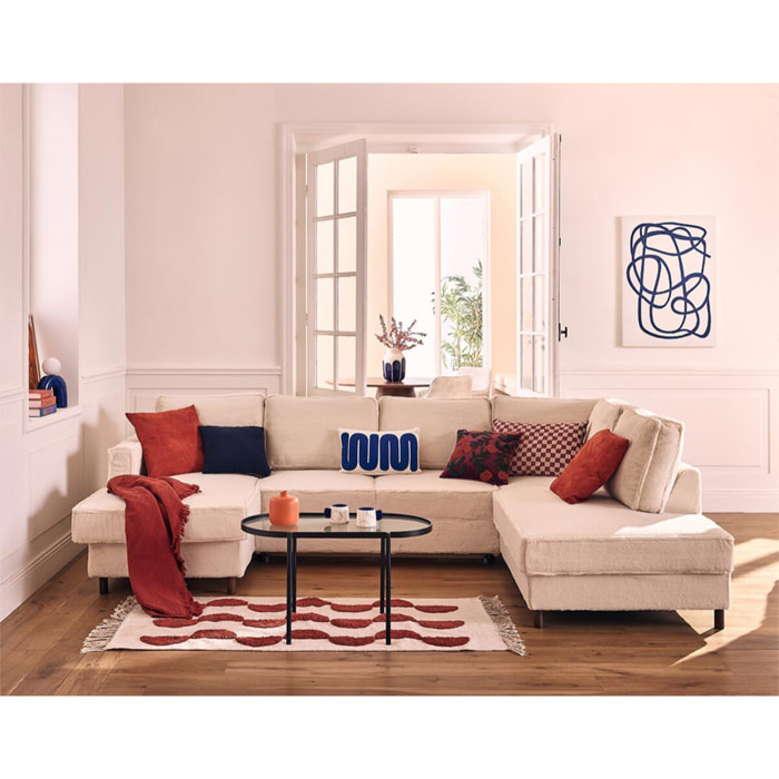 Jake - canapé panoramique d'angle droit 7 places convertible avec coffre en fausse fourrure - Beige
