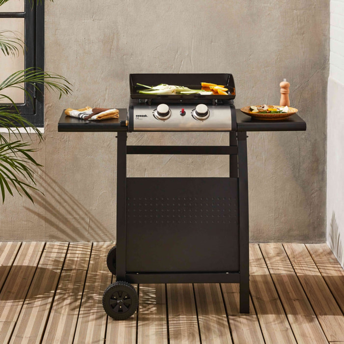 Plancha au gaz 2 brûleurs sur chariot - Porthos - 5kW. plancha à gaz avec desserte . cuisine extérieure. plaque émaillée. inox. barbecue