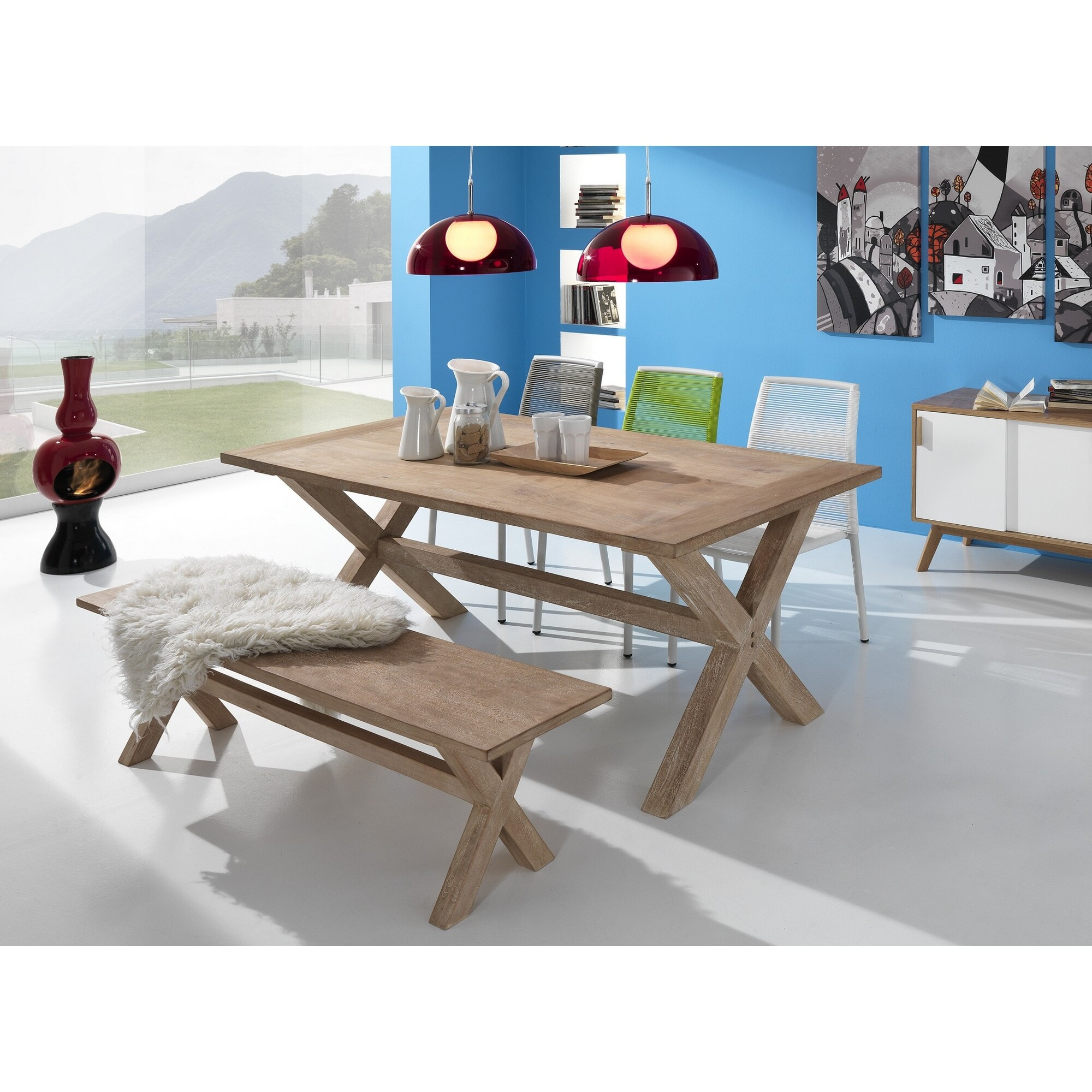 Banc en bois massif de manguier Tomasucci AVIGNONE, intérieur et extérieur, 160 x 35,5 x 44,5 cm