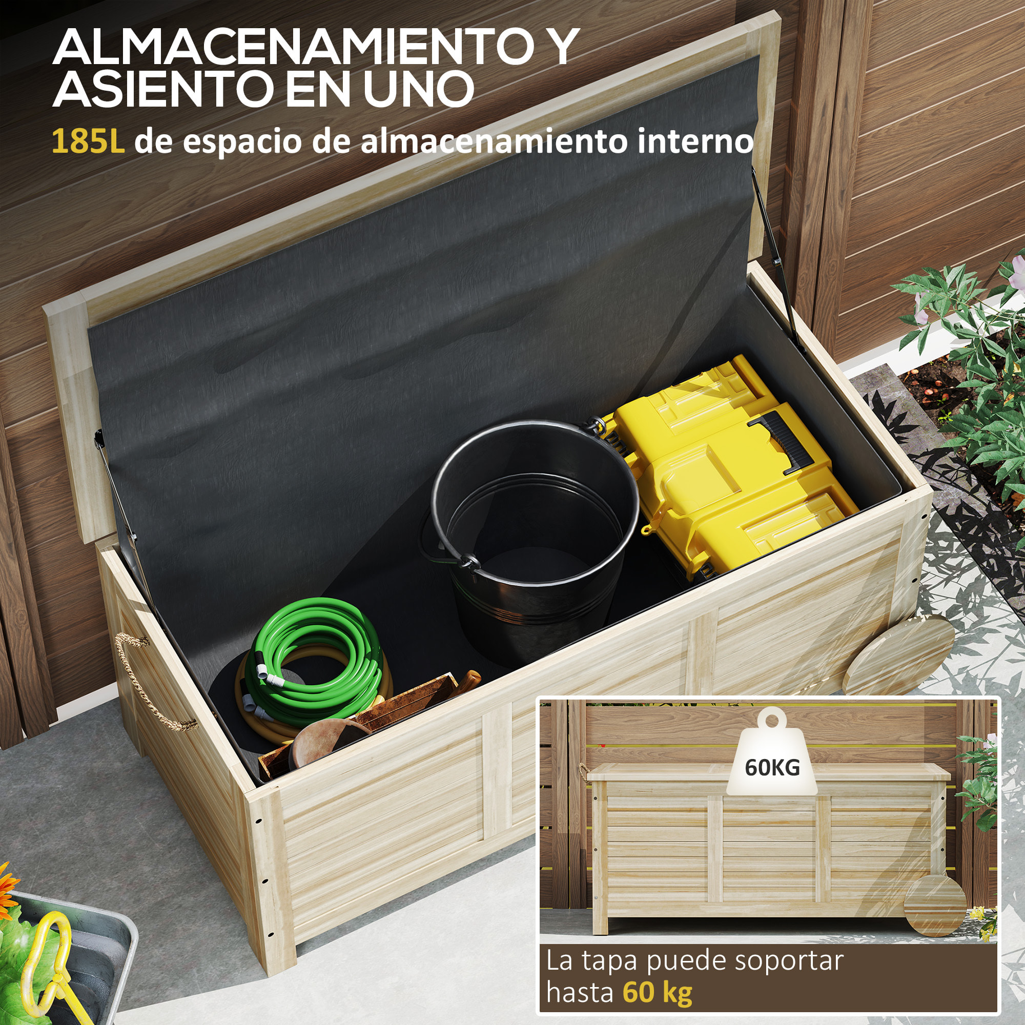 Baúl de Almacenaje Exterior 185L Arcón de Jardín de Madera Impermeable con Tapa Abrible 2 Ruedas Cuerdas de Lino Bisagras Metálicas y Forro Interno 110x50x50 cm Natural