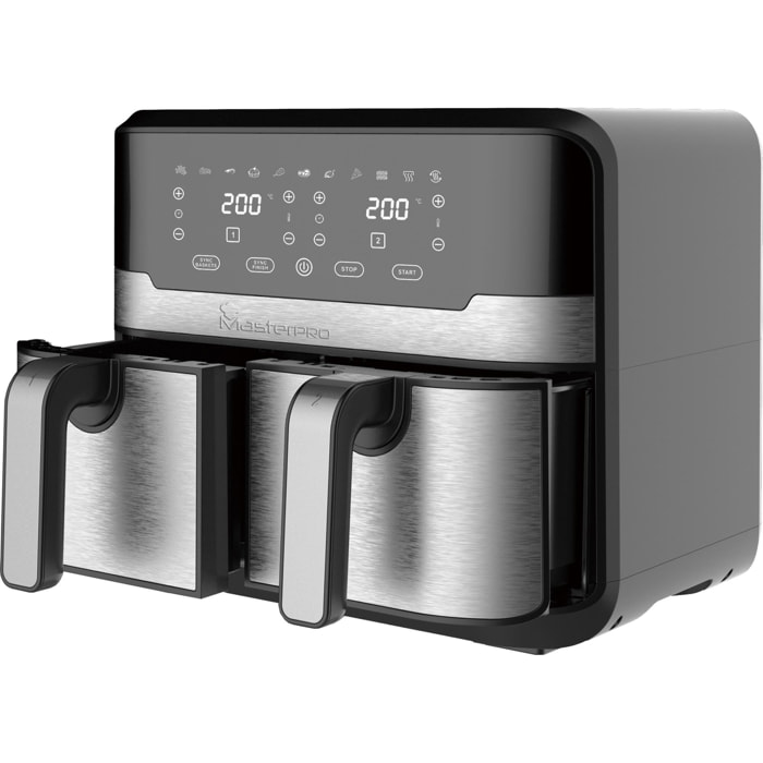 MasterPro Rocket Duo 900 Freidora de aire Color Negro de 9 L y 2400W, Pantalla LED Táctil y Cesta Antiadherente 11 Funciones