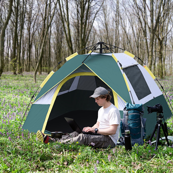 Tente de camping pop up 3 personnes porte 3 fenêtres sac de transport inclus fibre verre polyester PE jaune gris vert