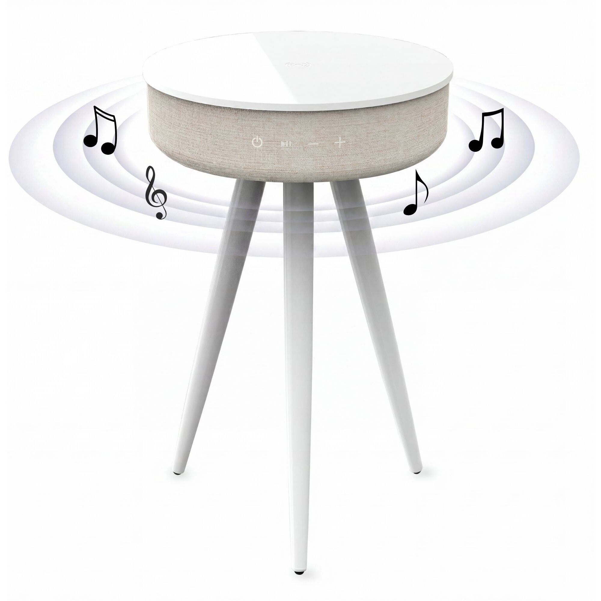 Mesa auxiliar altavoz portátil con sonido de 30W, Bluetooth, base de carga inalámbrica, batería de 2200mAh. Mesilla o mesita para dormitorio o sala de estar - TD Systems SM30B11WB [Lacado blanco]