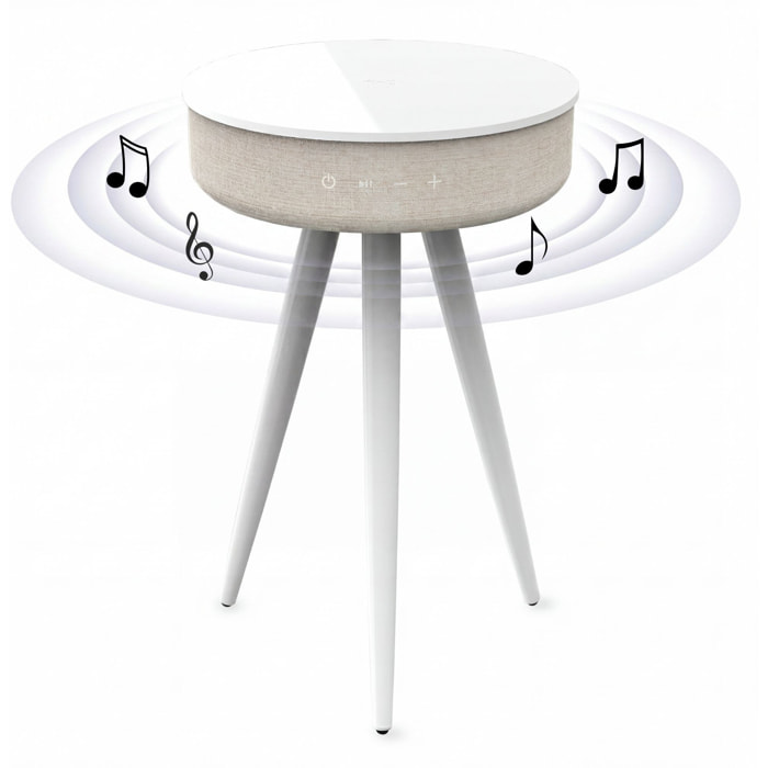 Mesa auxiliar altavoz portátil con sonido de 30W, Bluetooth, base de carga inalámbrica, batería de 2200mAh. Mesilla o mesita para dormitorio o sala de estar - TD Systems SM30B11WB [Lacado blanco]