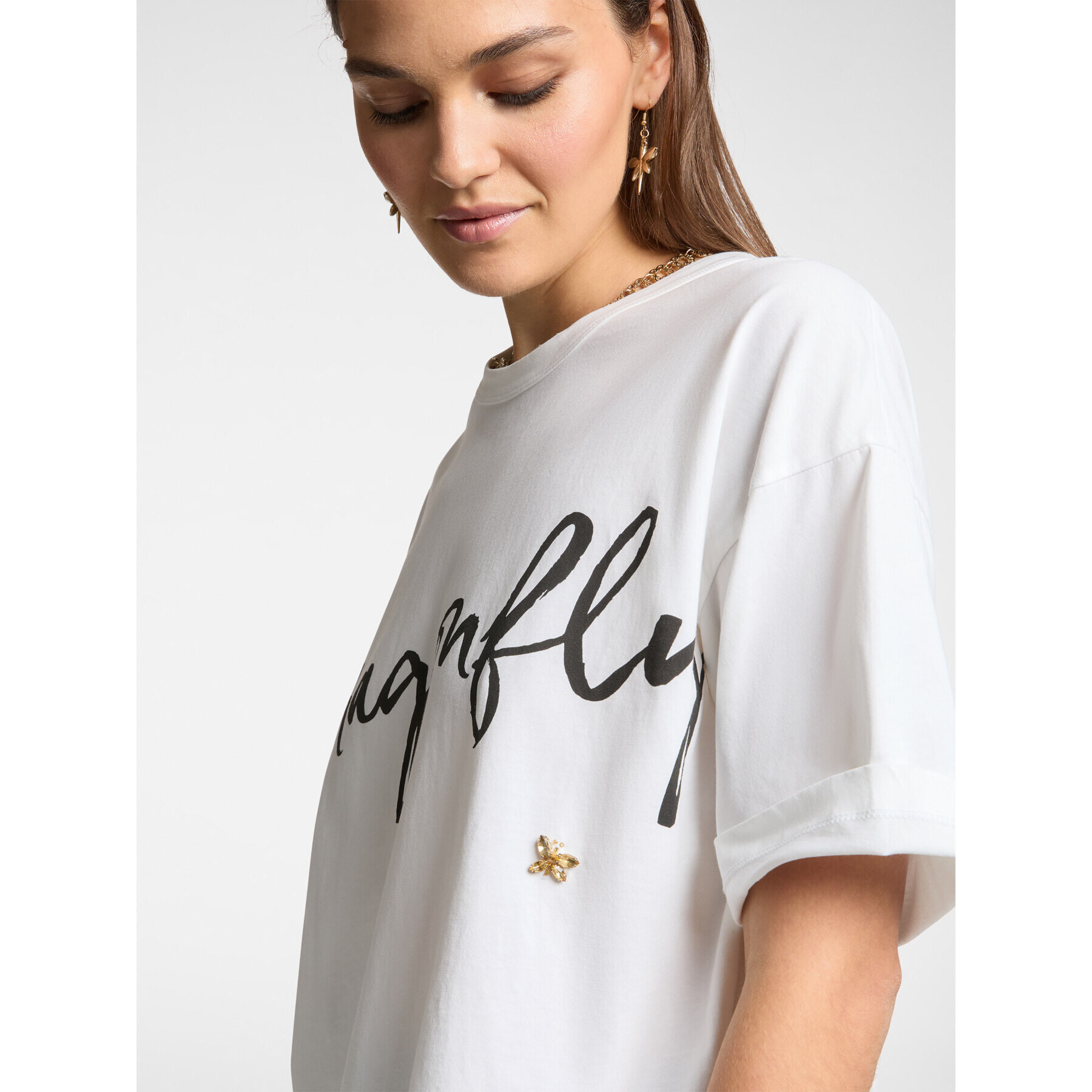 Elena Mirò - Camiseta con inscripción y bordado "Dragonfly" - Blanco