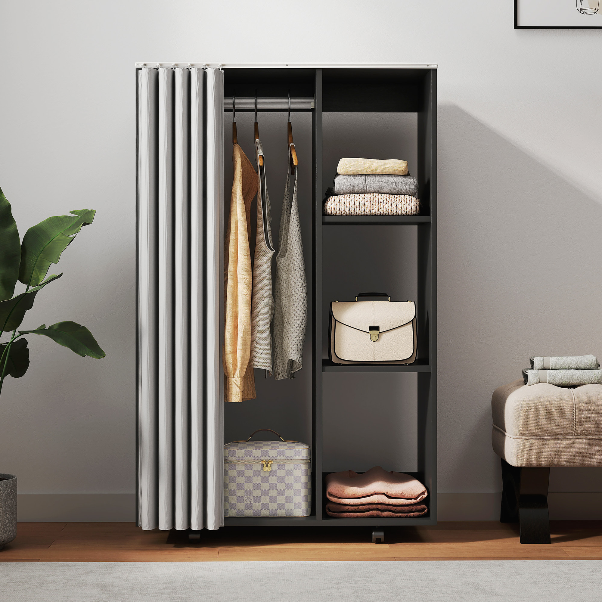 Armoire penderie sur roulettes - tringle, étagère, penderie, 3 compartiments - effet bois noir rideau gris