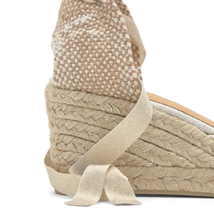 Alpargata de cuña Carina en lino metalizado con cierre de cintas