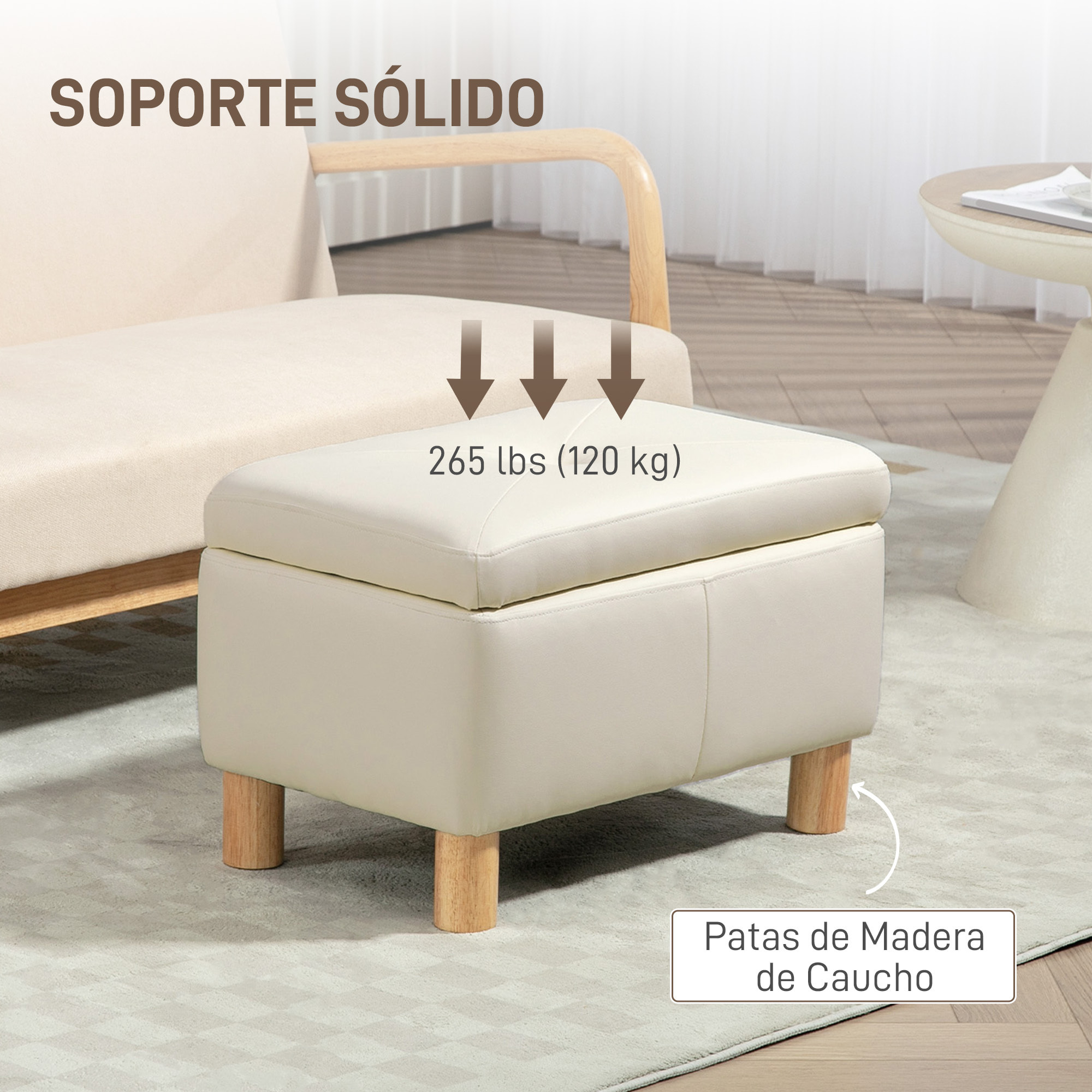 Baúl de Almacenaje para Dormitorio 33L Puff Almacenaje Tapizado en PU Banco de Almacenaje con Patas de Madera para Pasillo Salón 60x38x40 cm Crema