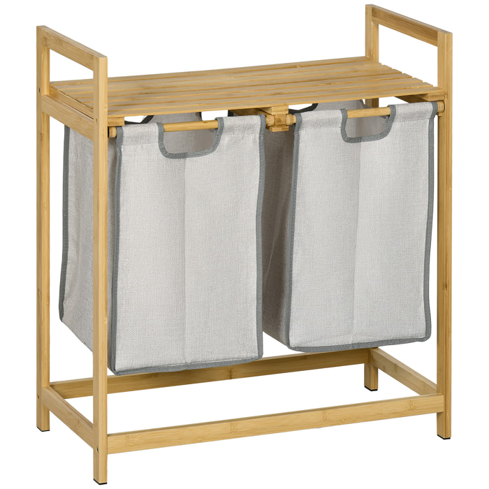 Cesto para Ropa Sucia de Bambú Cesto de la Ropa Sucia con 2 Bolsas Extraíbles y Estante Carga 20kg 2x40,6L para Baño Dormitorio 64x33x73 cm Natural