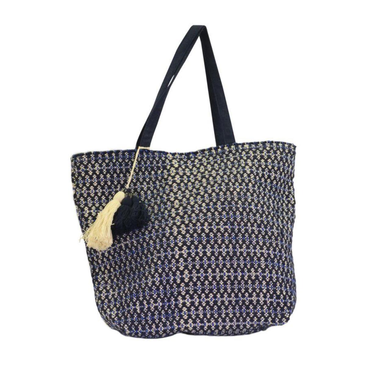 Borsa in tessuto crema con decori blu azzurro con manici cm43xh70/45x3