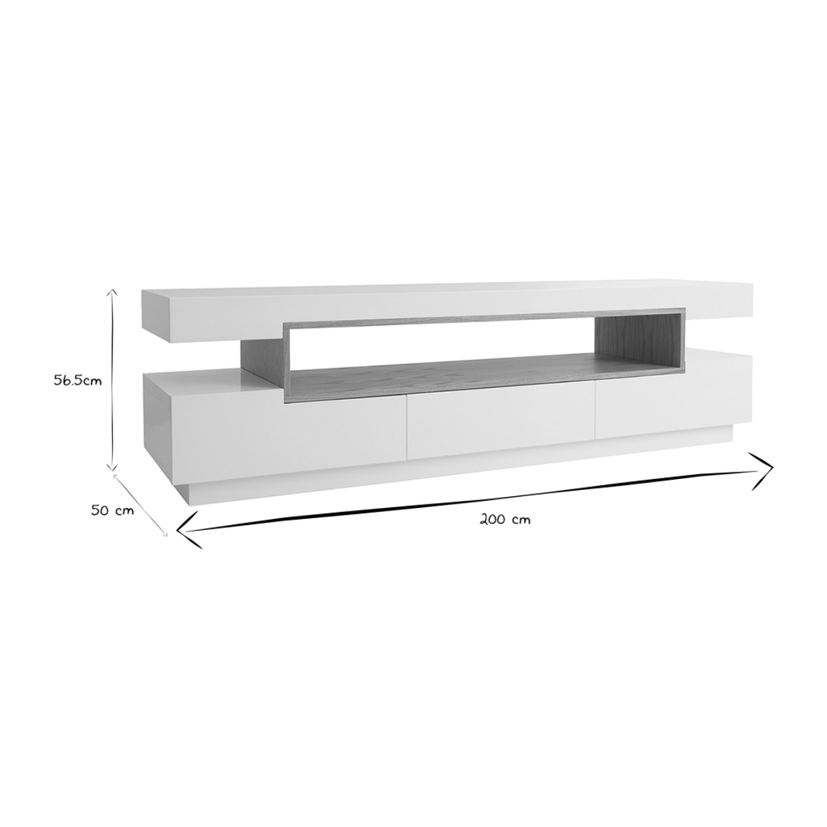 Meuble TV design blanc laqué brillant et bois L200 cm LIVO