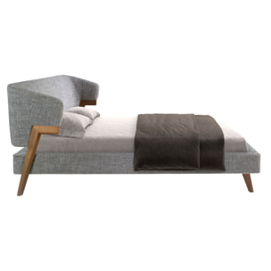 Cama de matrimonio en tela gris y patas de madera chapada en nogal natural 211x220x95cm