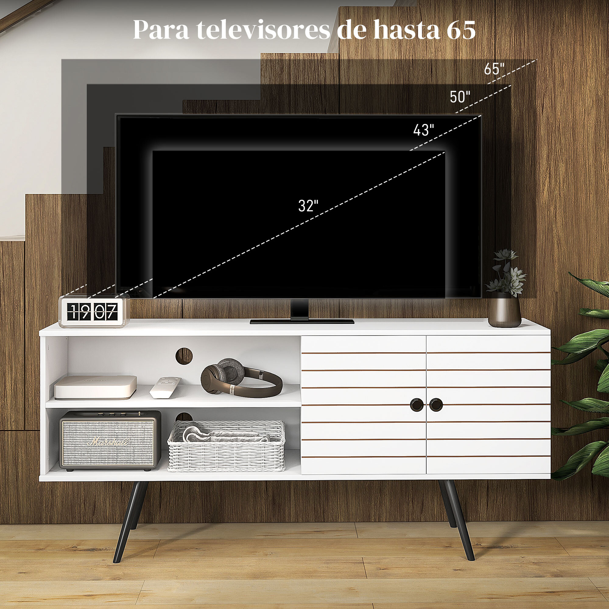 Mueble de TV para Salón Mesa para Televisores de 65 Pulgadas Mueble para TV Moderno con 2 Estantes Abiertos y 1 Estante Ajustable 145x38x65 cm Blanco