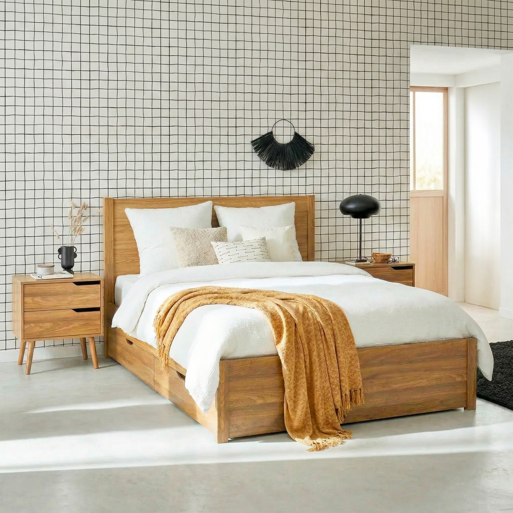 Lit avec sommier à lattes et tête de lit 160 x 200cm + 4 tiroirs décor bois NEPAL