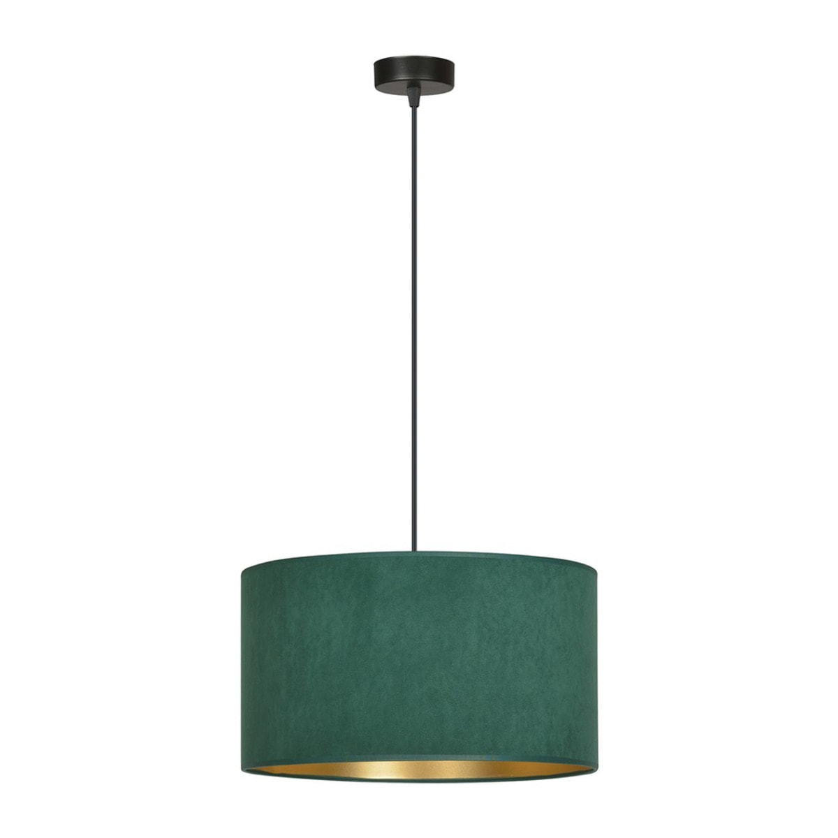 Lampada a sospensione HILDE con paralume in velluto verde e interno oro