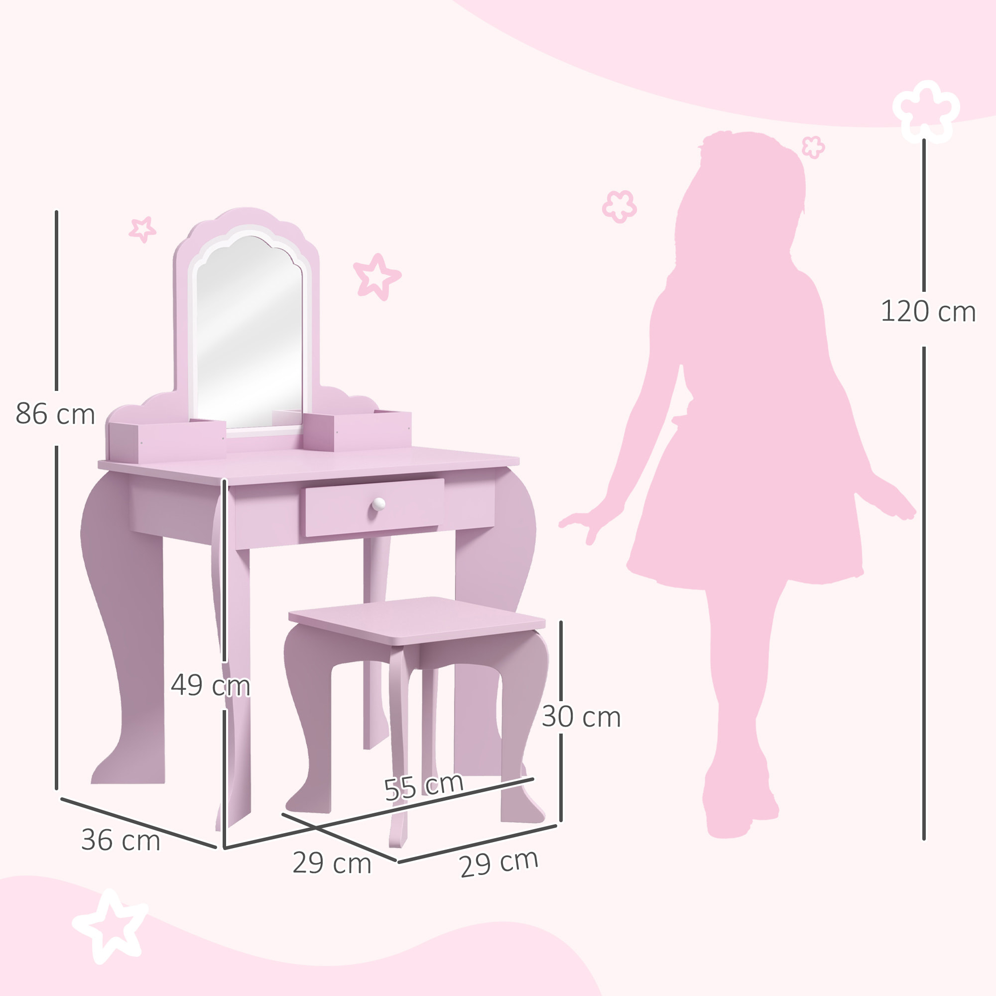 Tocador Infantil para Niñas y Niños de +3 Años Mesa de Maquillaje con Taburete y Espejo Tocador para Niñas con Cajón y Cajas de Almacenaje Forma de Nube Rosa