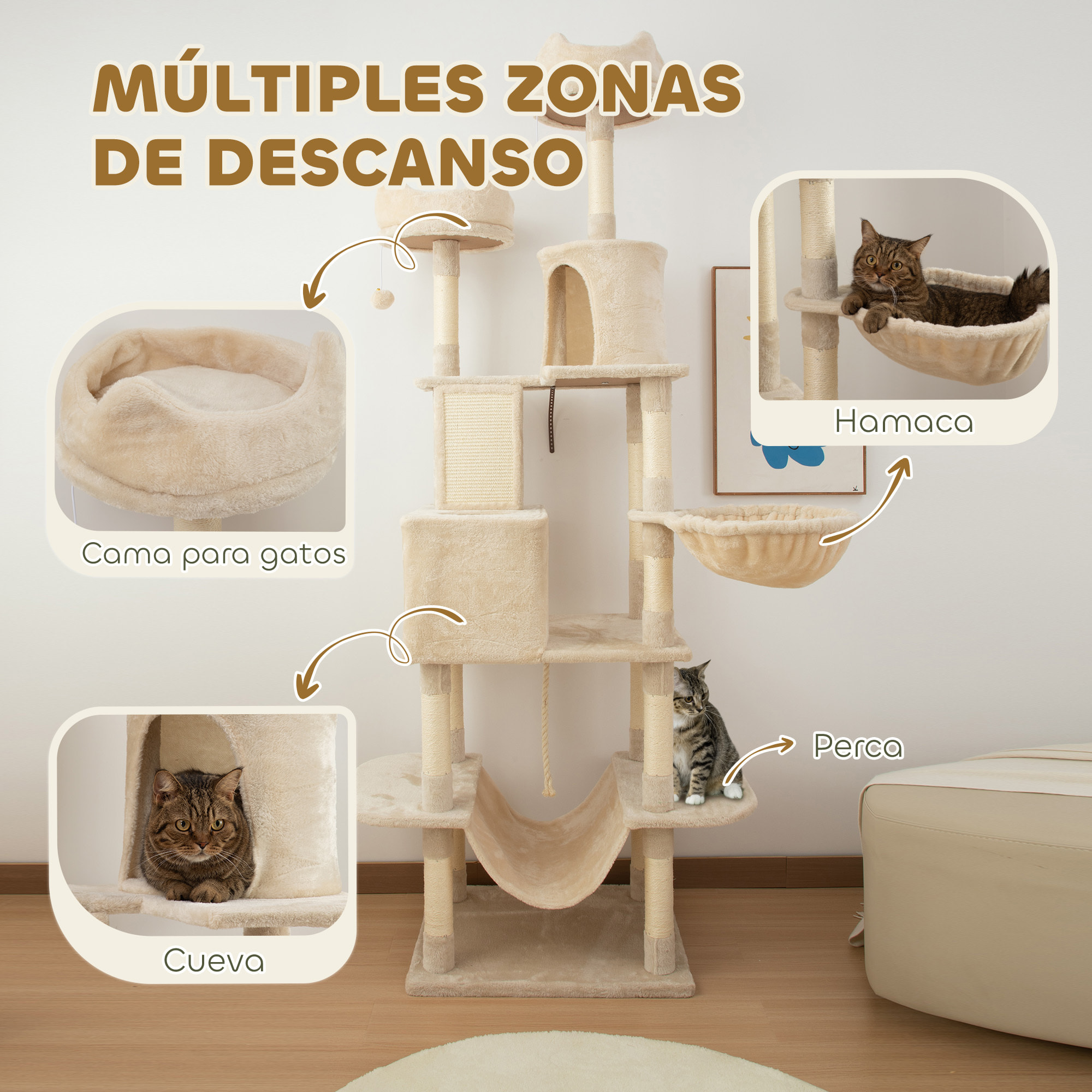 Árbol Rascador para Gatos Grande Altura 206 cm Árbol para Gatos Torre para Gatos con Plataformas Cuevas Bolas Colgantes y Hamacas Beige