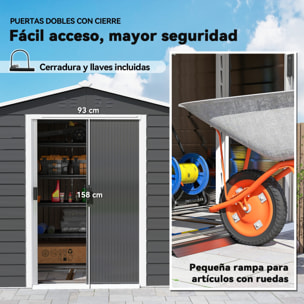 Caseta de Jardín Exterior 4,4 m², 240x206x198 cm, Cobertizo de Jardín Exterior Metálico con Base Refuerzo (Suelo NO Incluido), Puerta Corredera con Cerradura y 4 Ventanas para Patio, Gris