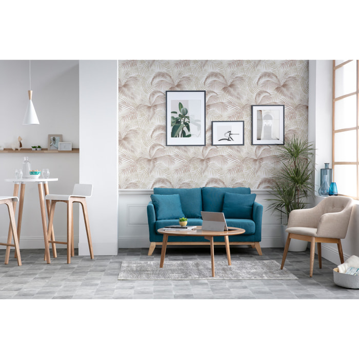 Canapé scandinave déhoussable 2 places en tissu bleu foncé et bois clair OSLO