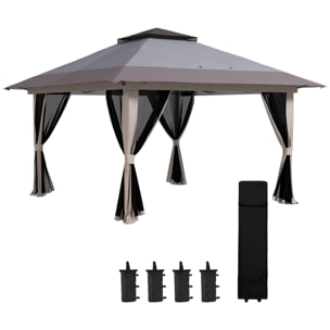 Carpa Plegable Pop-up 4x4x2,8 m Cenador de Jardín con Paredes Altura Ajustable Anti-UV Impermeable Doble Techo Mosquiteras y Bolsa de Ruedas Gazebo para Exterior Fiestas Camping Gris Claro