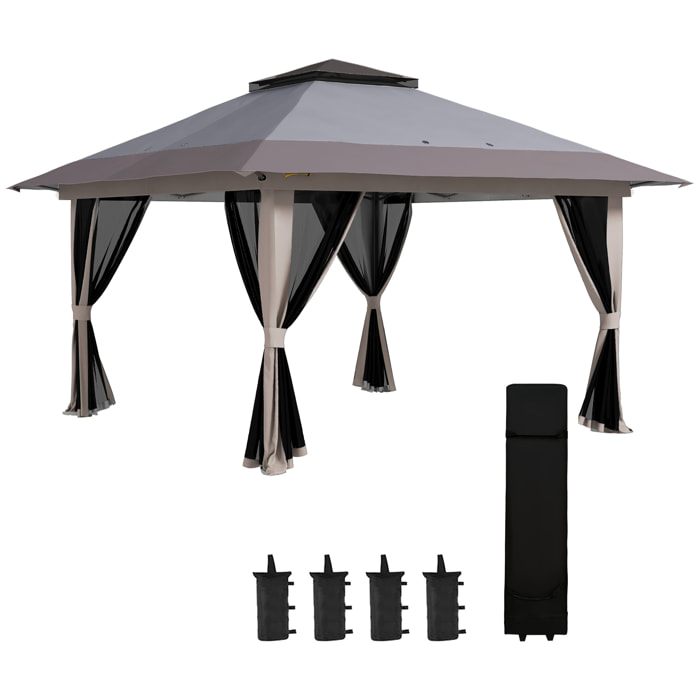 Carpa Plegable Pop-up 4x4x2,8 m Cenador de Jardín con Paredes Altura Ajustable Anti-UV Impermeable Doble Techo Mosquiteras y Bolsa de Ruedas Gazebo para Exterior Fiestas Camping Gris Claro