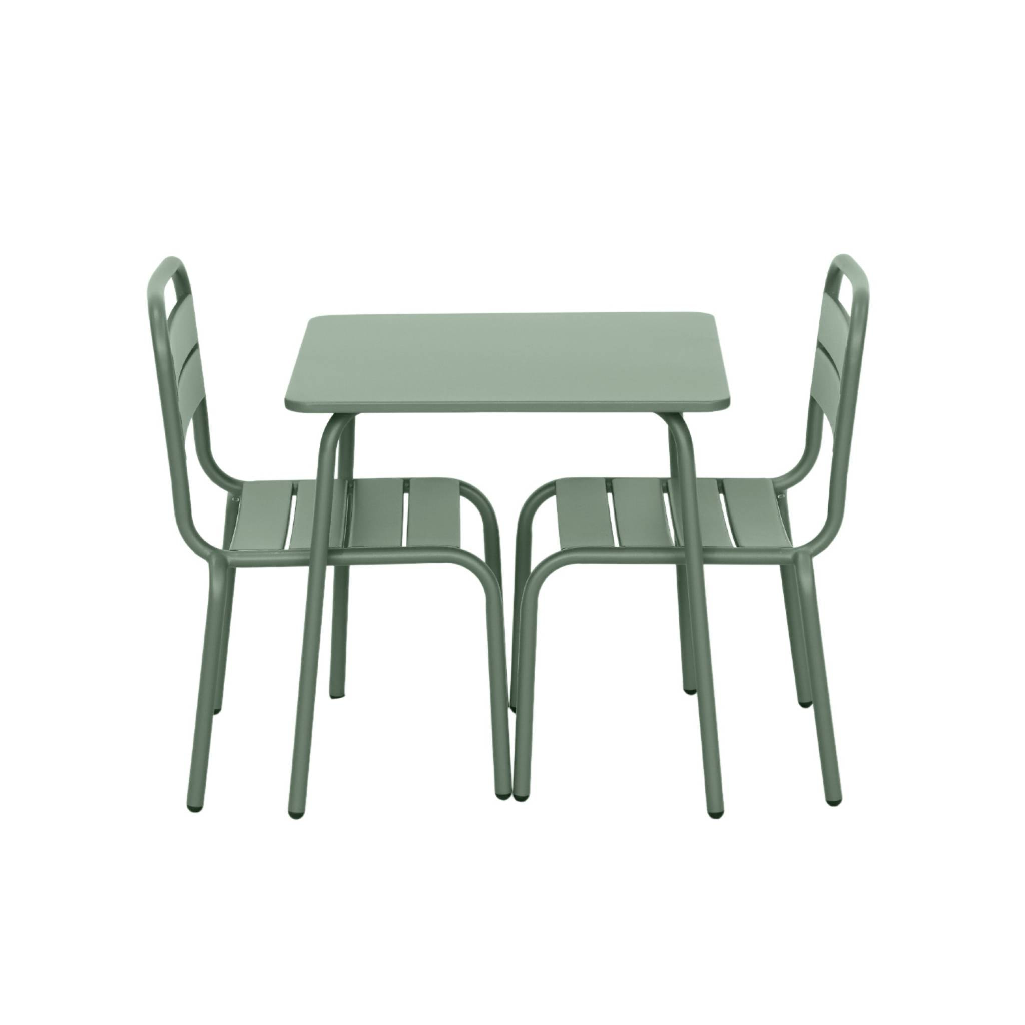 Table de jardin enfant métal + 2 assises vert de gris Anna. 48x48cm