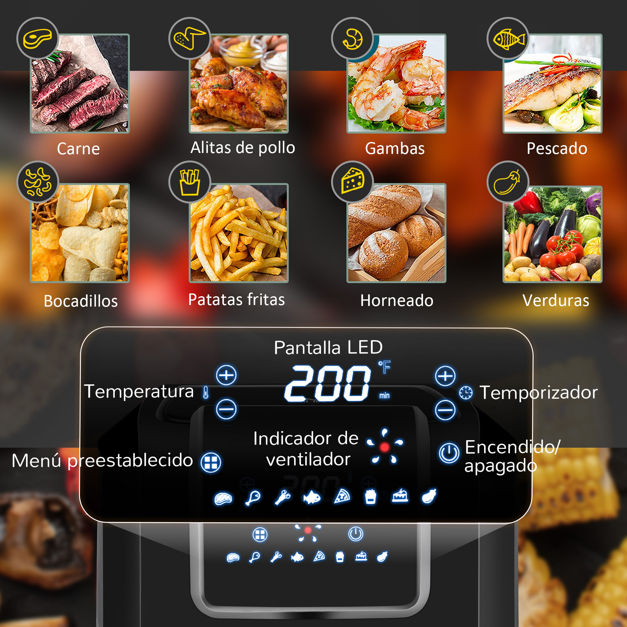 Freidora sin Aceite 6,5L 1700W Freidora de Aire Caliente con 8 Programas Pantalla LED Táctil Temperatura Ajustable Temporizador y Cesta Antiadherente 36,5x29x33,8 cm Negro