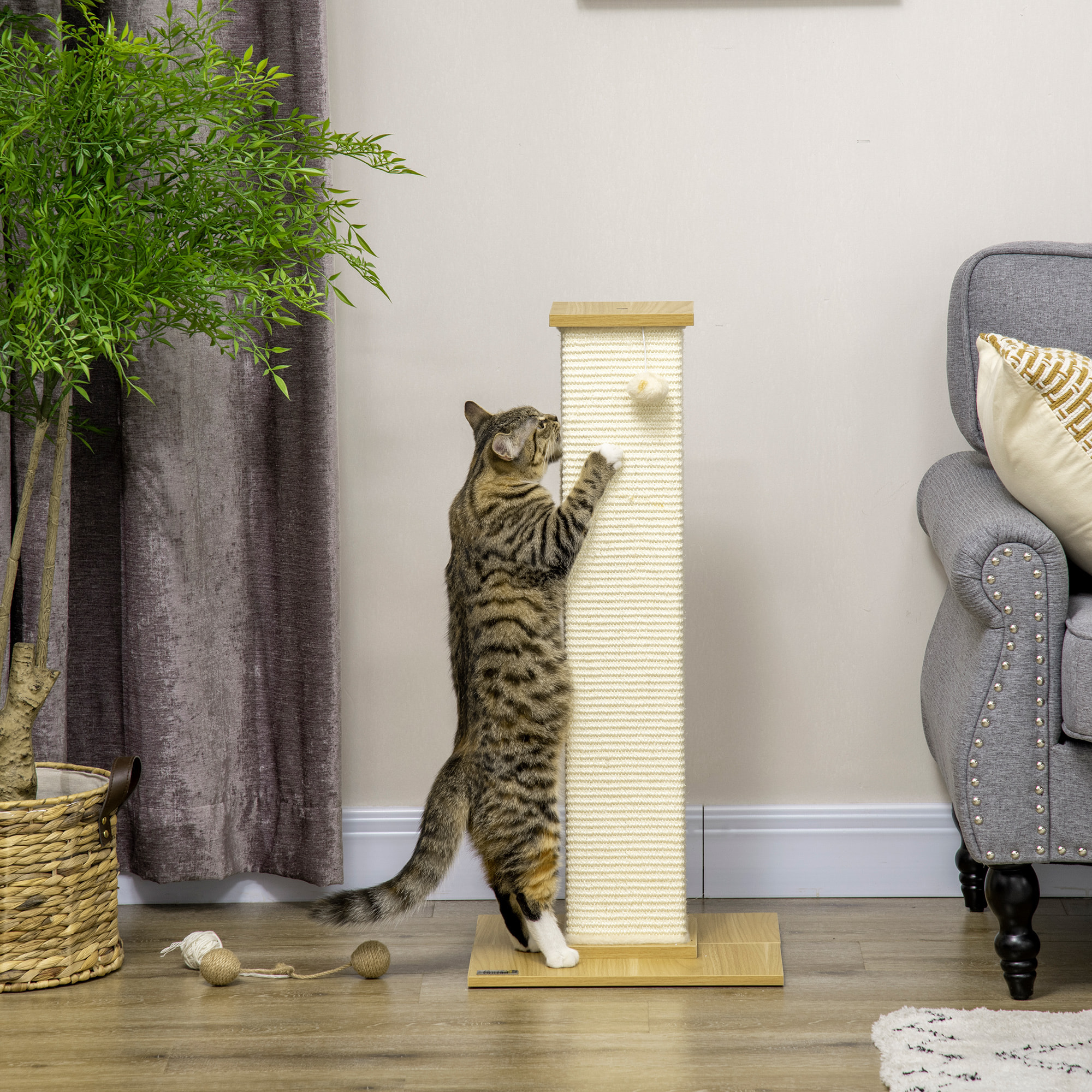 Poste Rascador para Gatos con Poste de Sisal y Bola Colgante 38x38x80 cm Roble