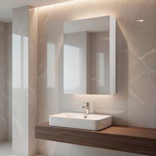 Pensile Bagno Con Anta A Specchio E Ripiani Interni Mobile Sospeso Salvaspazio In Melaminico Arredo Bagno Moderno Minimal  65 x 40 x 21 Cm Bianco