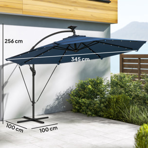 Parasol Excéntrico con Luces LED Solares, Ø345 cm, Sombrilla de Jardín de Aluminio con Base Cruzada, Manivela, Funda Protectora, Cuerdas de Viento, UPF50+, para Terraza, Patio, Azul Marino