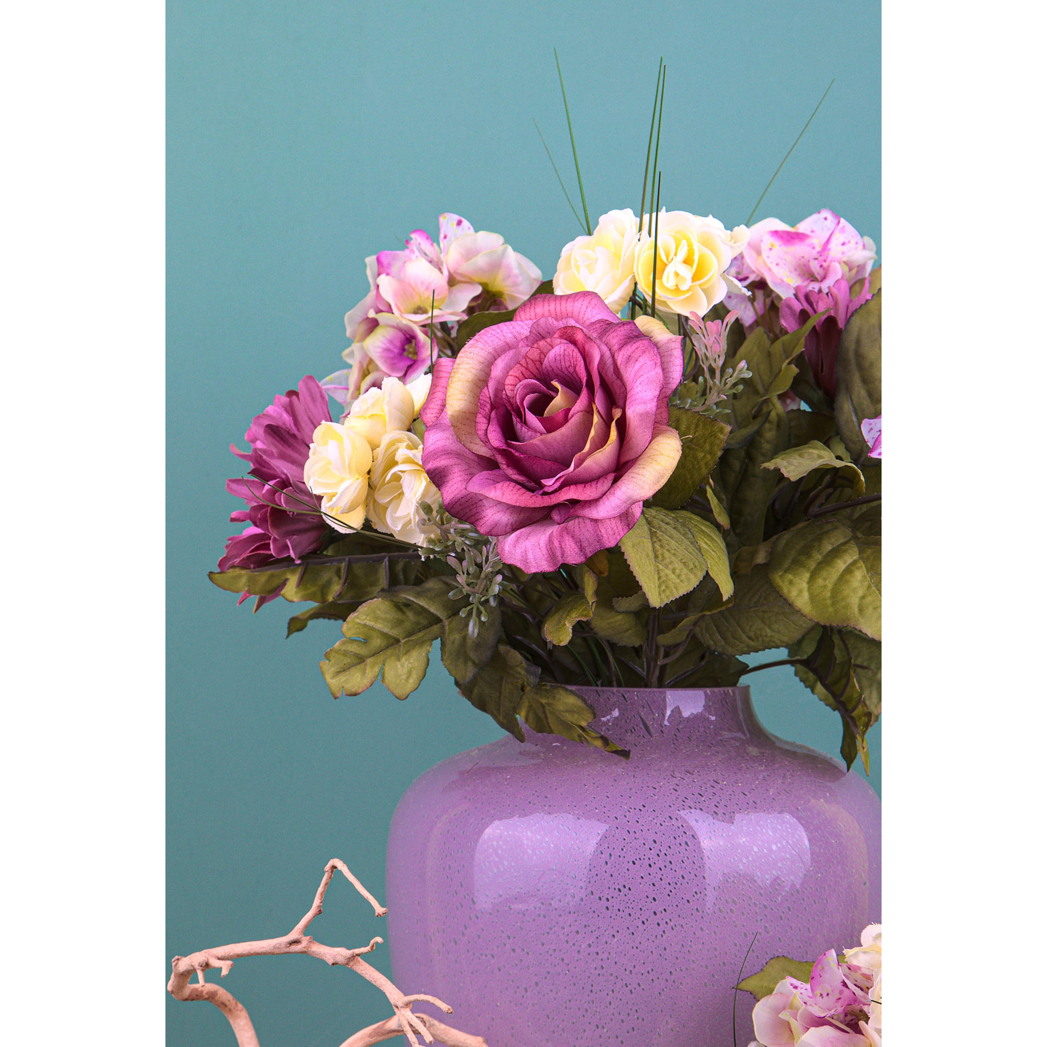 Bouquet Di Ortensie Con Rose. Altezza 34 Cm - Pezzi 2 - 18X34X18cm - Colore: Viola - Bianchi Dino - Fiori Artificiali