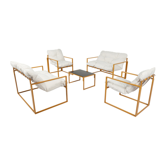 LANA Salon de jardin 6 places contemporain marron et coussins beiges