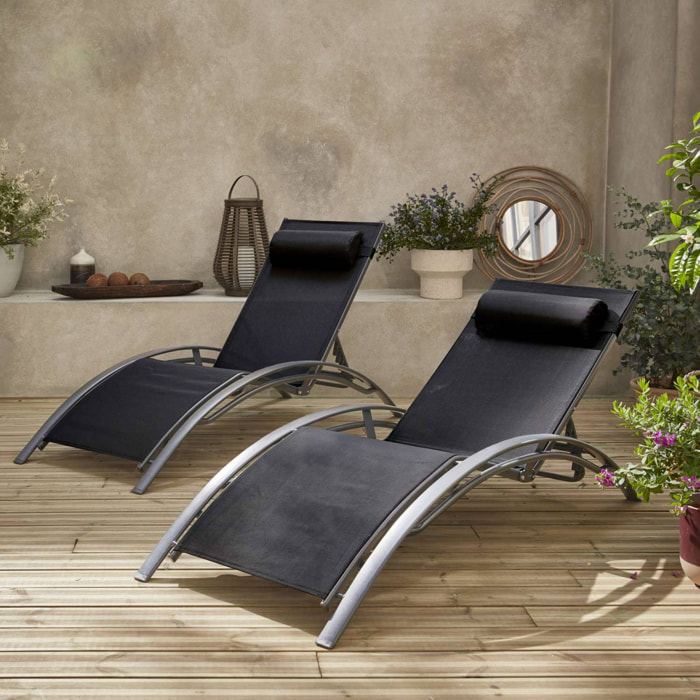 Duo de bains de soleil aluminium - Louisa Gris et noir - Transats aluminium et textilène